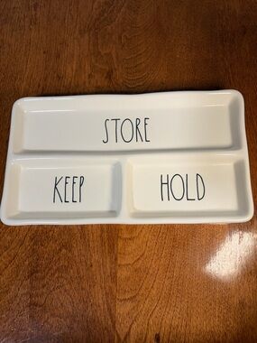 Rae Dunn White Ceramic "STORE KEEP HOLD" Divided Tray